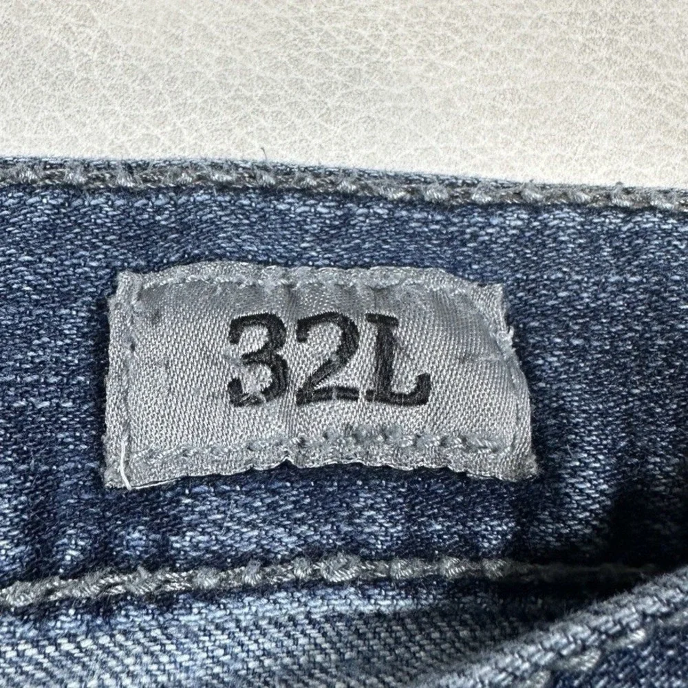 BKE Carter‎ Straight Mens Jeans 32L Medium Wash Blue Distressed Heavy Stitching